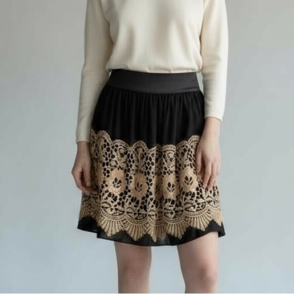 BURLAPP by Anthropologie | Womens Black Skirt Medium with Wool Crochet Lace Trim